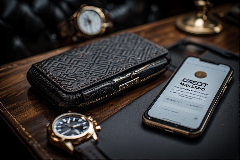 하드웨어 지갑과 스마트폰을 통해 확인된 대규모 USDT 환전 성공 화면과 럭셔리한 자산 관리 환경 이미지